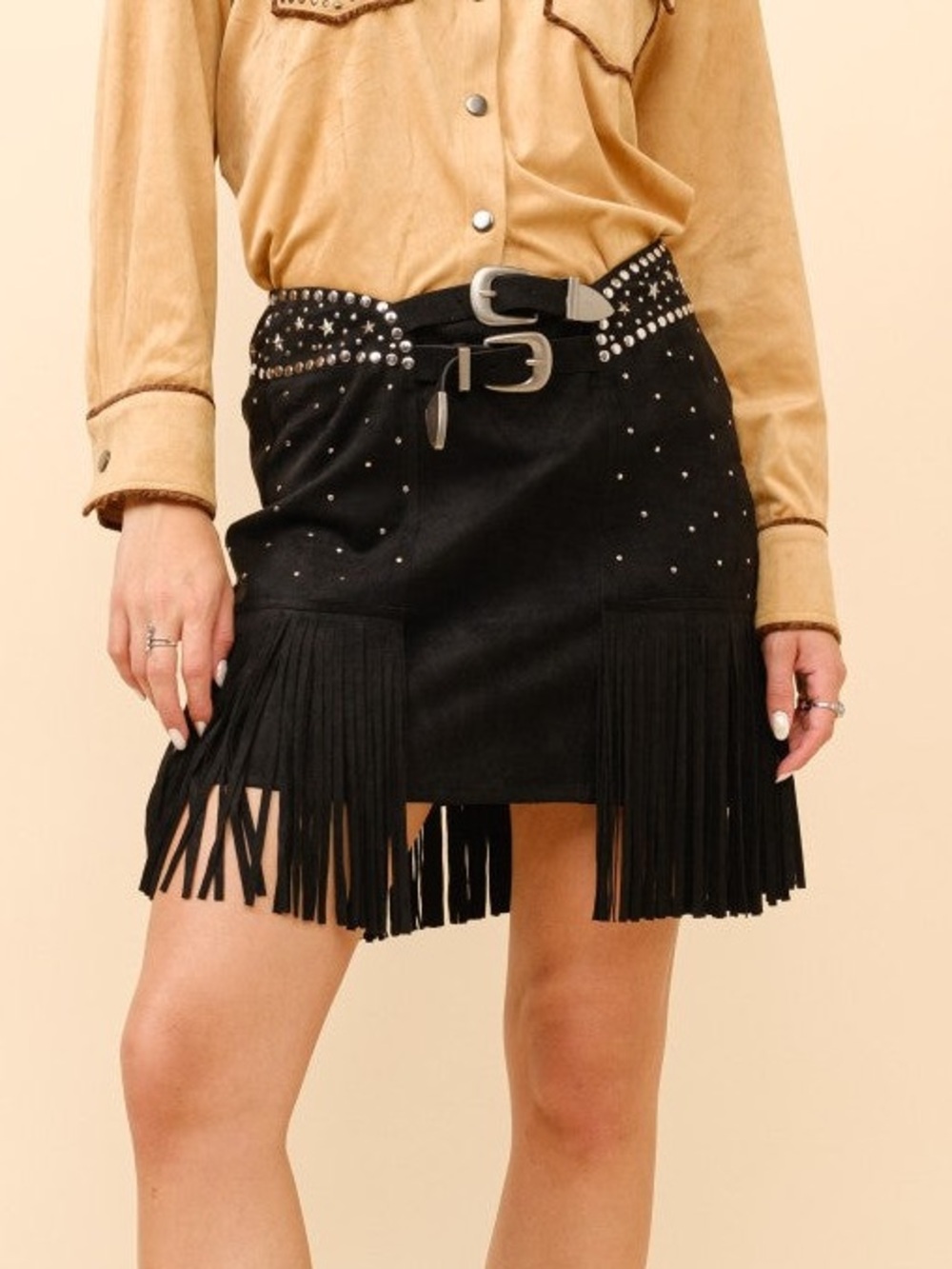 Double Belted Star Studded Suede Fringe Mini Skirt Sz S
